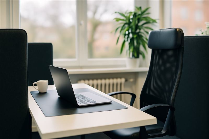 Arbeitsplatz am Fenster mit Laptop, Kaffeetasse und Bürostuhl
